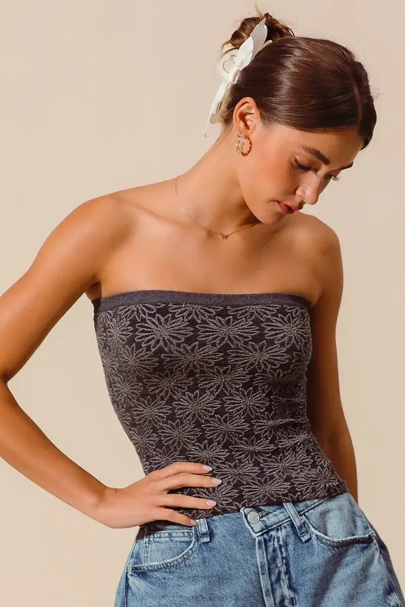 SO ME Jacquard Floral Two Tone Seamless Tube Top - Seamless Tube Top