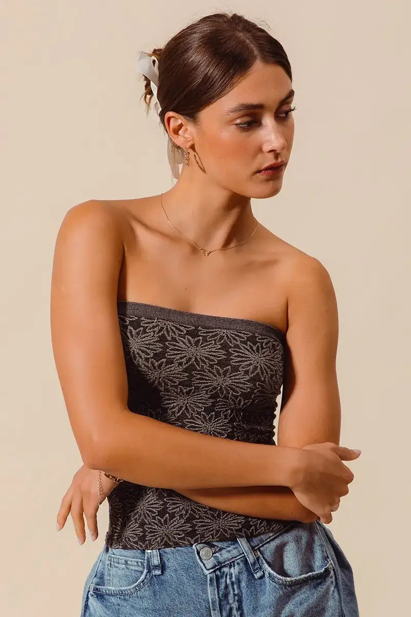 SO ME Jacquard Floral Two Tone Seamless Tube Top - Seamless Tube Top