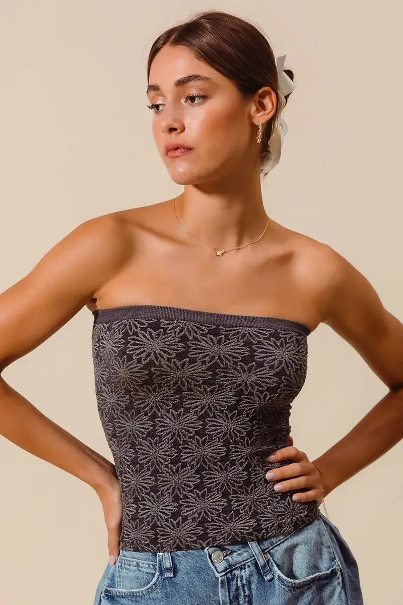 SO ME Jacquard Floral Two Tone Seamless Tube Top - Seamless Tube Top