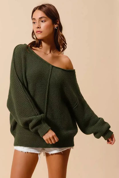 SO ME Loose Fit Exposed Seam Slouchy Boucle Sweater - OLIVE / S - Slouchy Boucle Sweater
