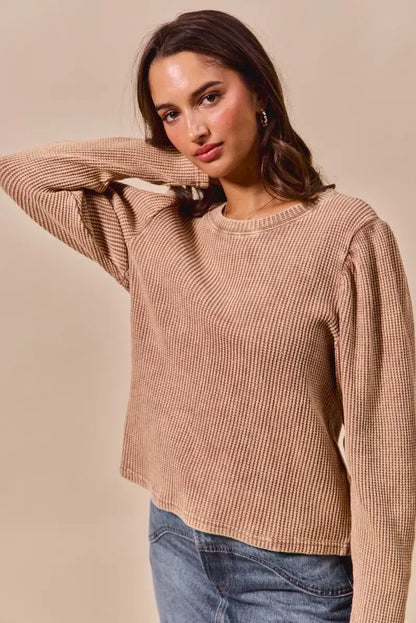 SO ME Mineral Washed Waffle Top With Puff Sleeves - Top With Puff Sleeves