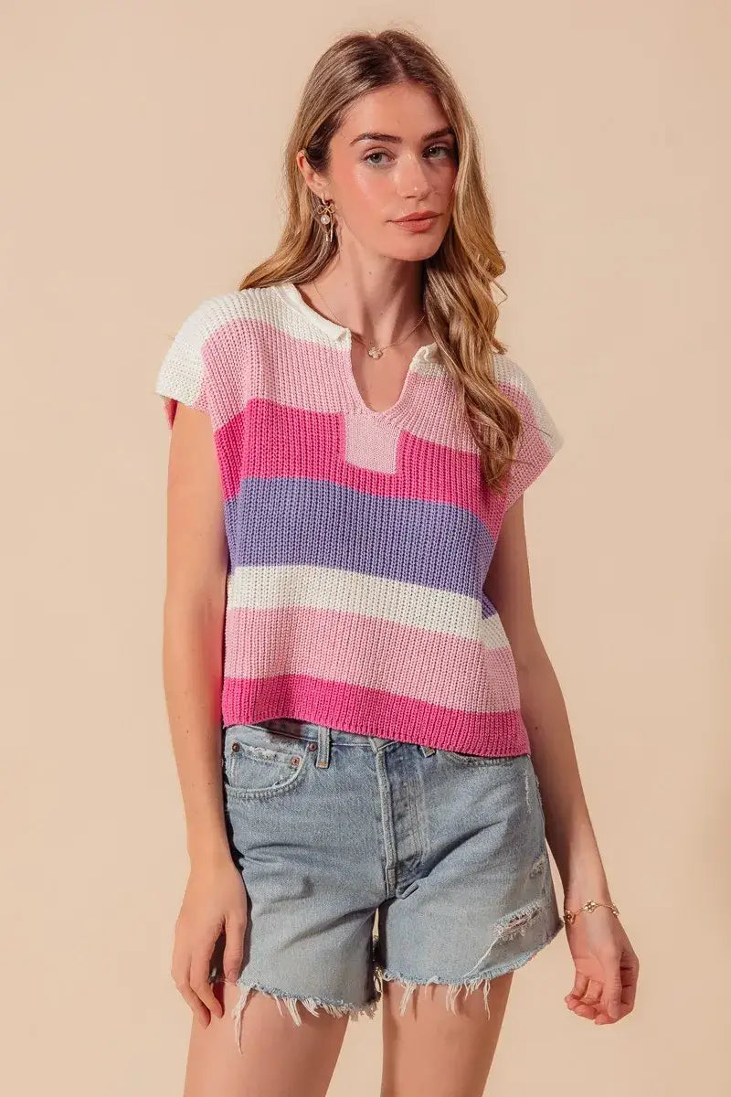 SO ME Multi Color Stripe Loose Fit Cap Sleeve Sweater Top - BLUSH/PINK/LILAC / S - Apparel & Accessories > Clothing >