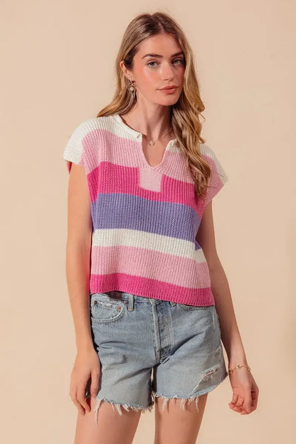 SO ME Multi Color Stripe Loose Fit Cap Sleeve Sweater Top - BLUSH/PINK/LILAC / S - Apparel & Accessories > Clothing >