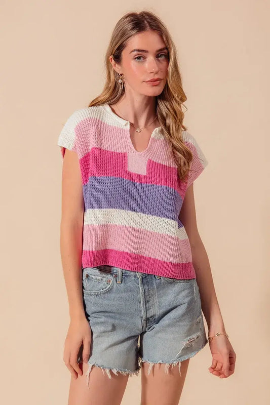 SO ME Multi Color Stripe Loose Fit Cap Sleeve Sweater Top - BLUSH/PINK/LILAC / S - Apparel & Accessories > Clothing >