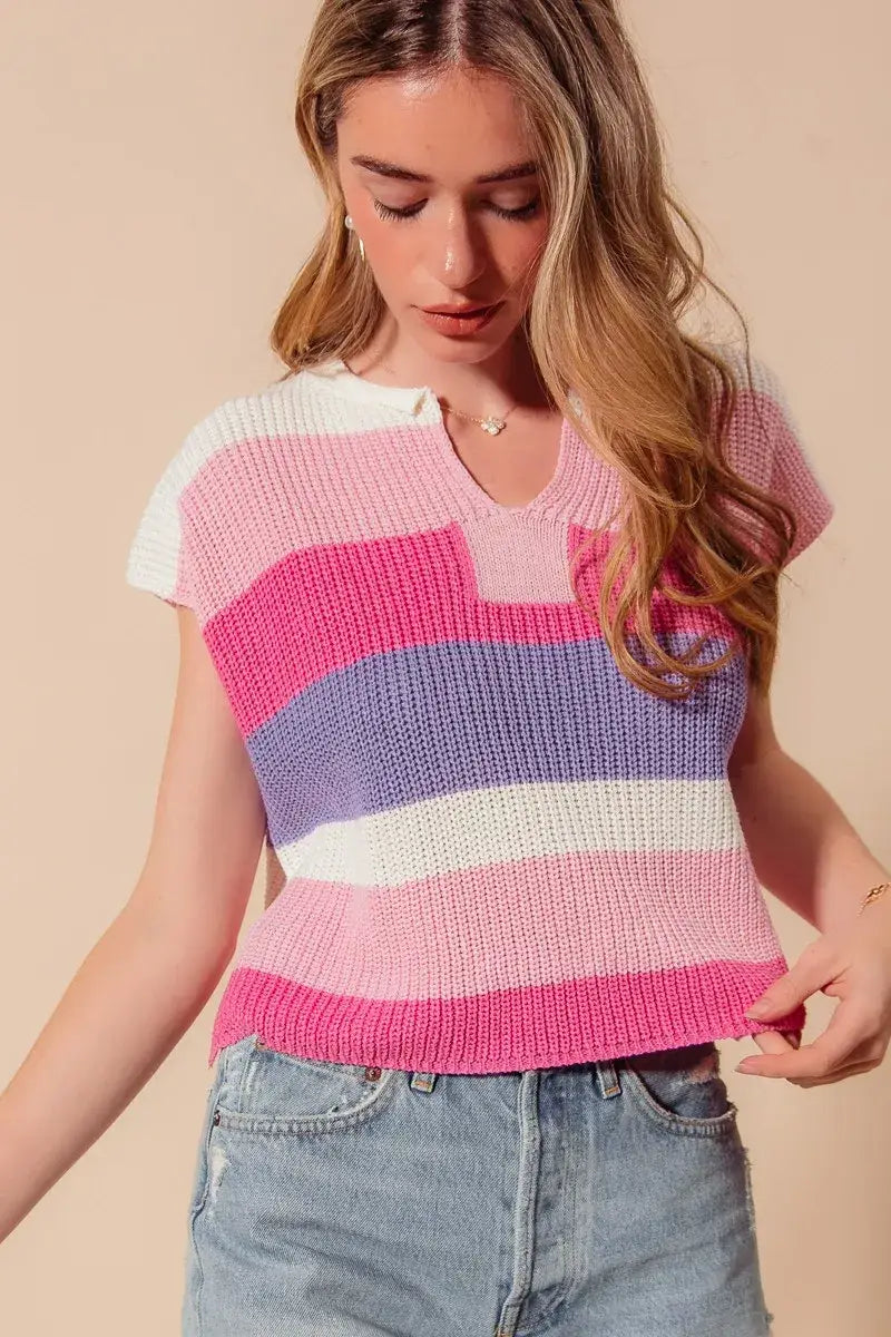 SO ME Multi Color Stripe Loose Fit Cap Sleeve Sweater Top - Apparel & Accessories > Clothing > Shirts & Tops > Sweaters