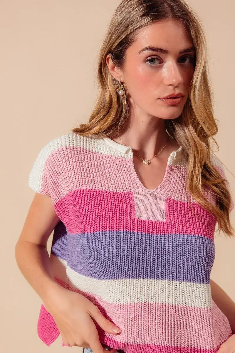 SO ME Multi Color Stripe Loose Fit Cap Sleeve Sweater Top - Apparel & Accessories > Clothing > Shirts & Tops > Sweaters