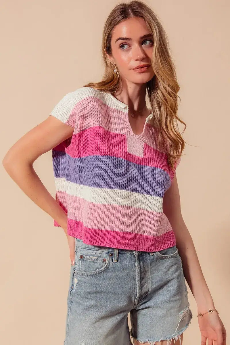 SO ME Multi Color Stripe Loose Fit Cap Sleeve Sweater Top - Apparel & Accessories > Clothing > Shirts & Tops > Sweaters