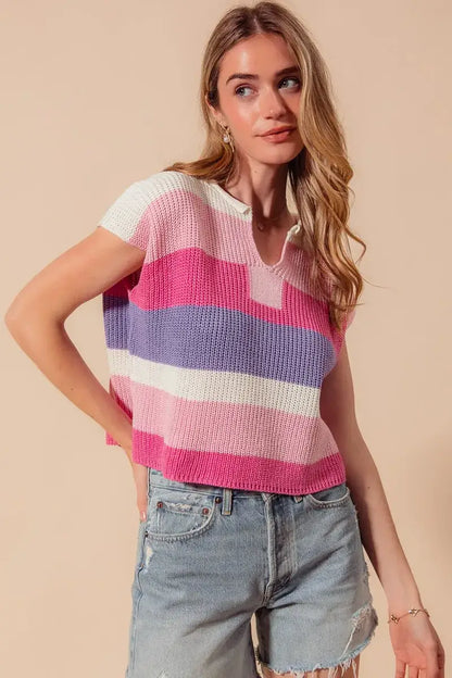 SO ME Multi Color Stripe Loose Fit Cap Sleeve Sweater Top - Apparel & Accessories > Clothing > Shirts & Tops > Sweaters