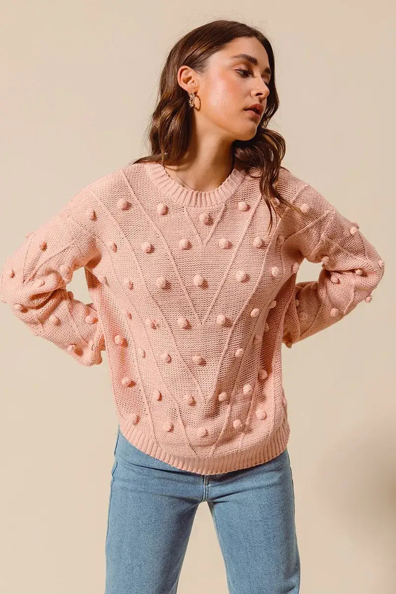 SO ME Pom Pom Textured Knit Sweater Top