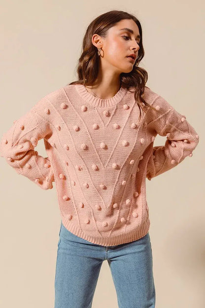 SO ME Pom Pom Textured Knit Sweater Top