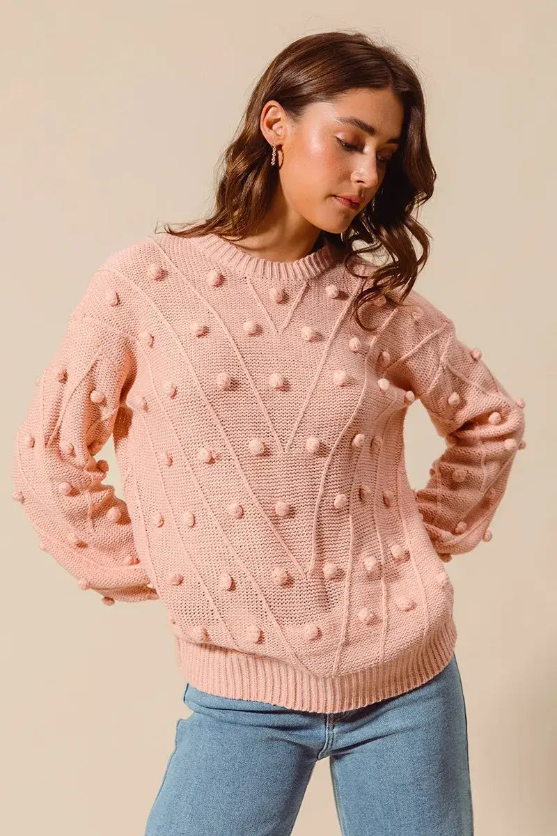 SO ME Pom Pom Textured Knit Sweater Top