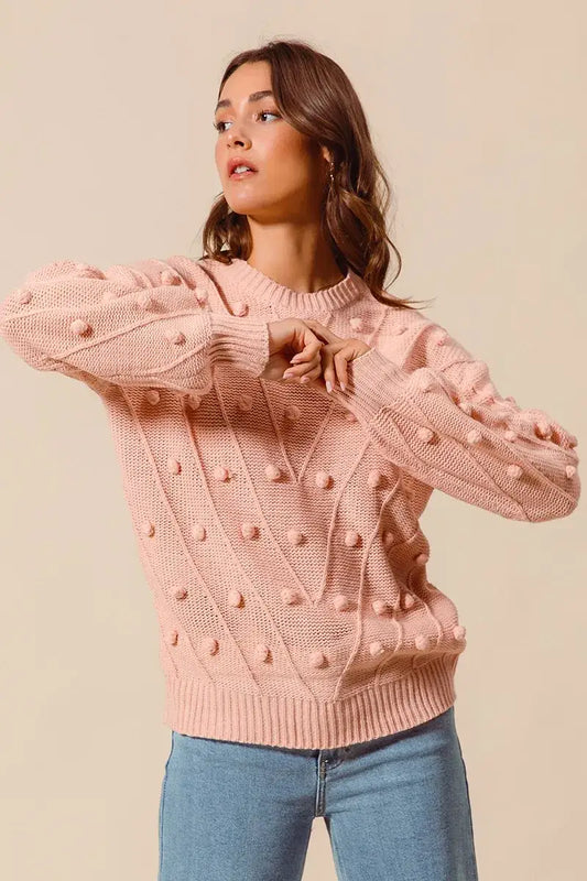 SO ME Pom Pom Textured Knit Sweater Top - BLUSH / S
