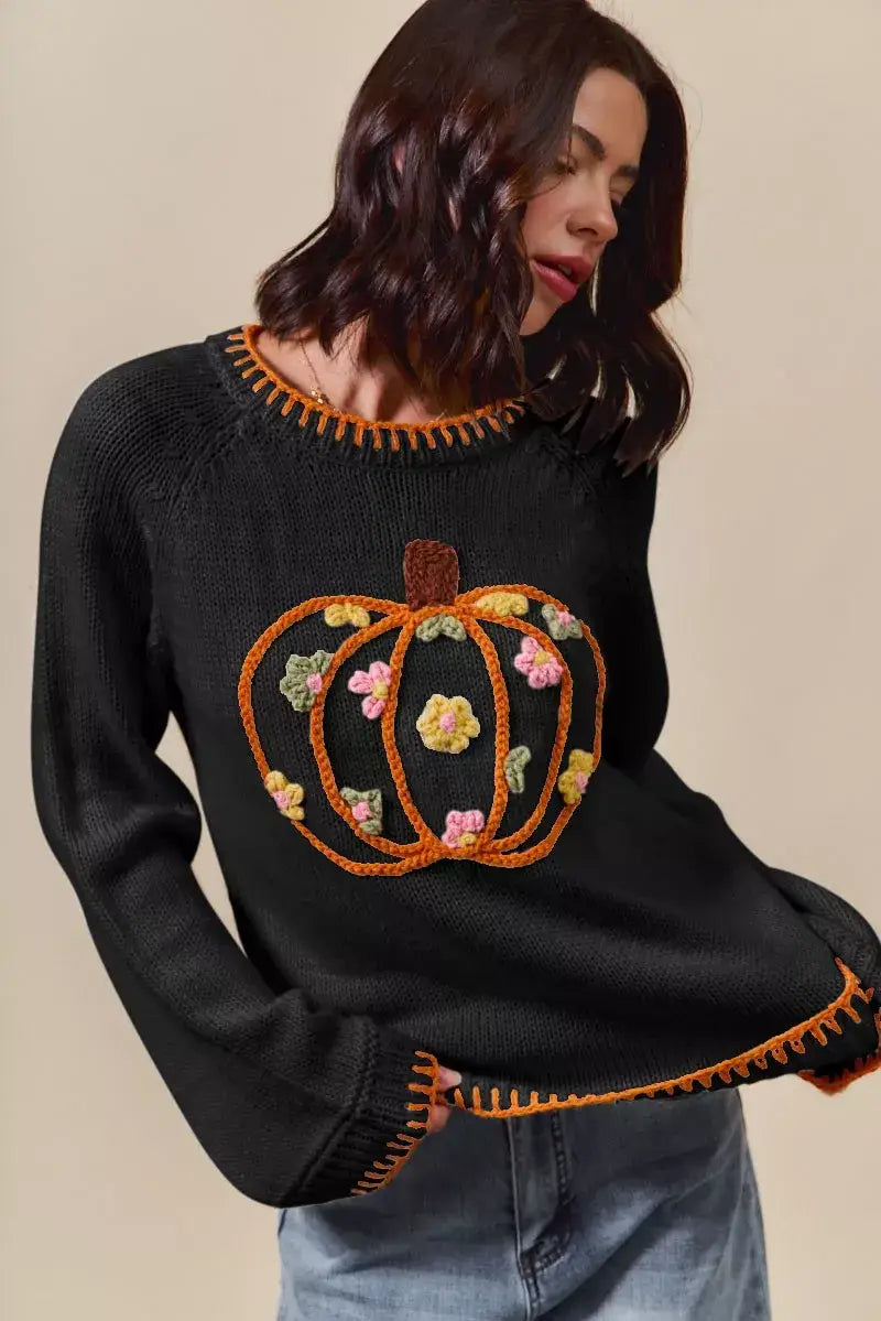 SO ME Pumpkin Floral Embroidered Thanksgiving Sweater - BLACK / S