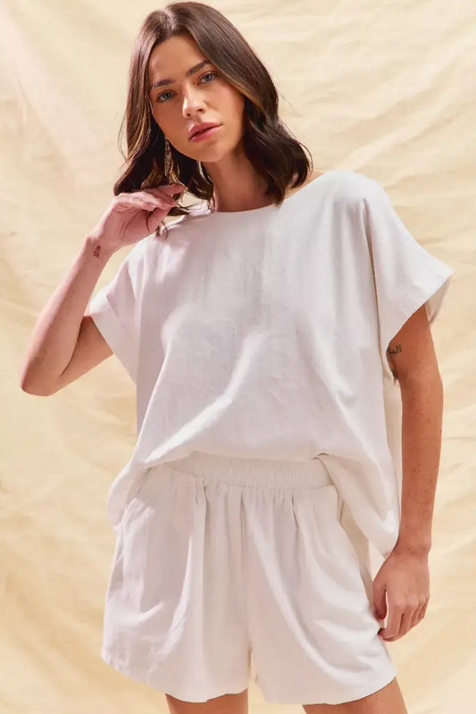 SO ME Round Neck Short Sleeve Top and Shorts Set - OFF WHITE / S