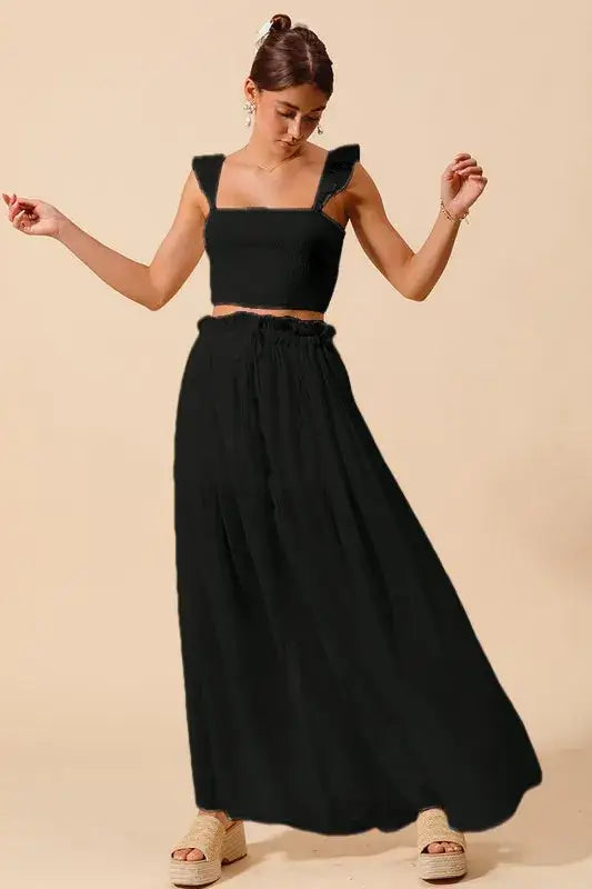 SO ME Smocked Top and Flowy Maxi Skirt Set - BLACK / S - Maxi Skirt Set
