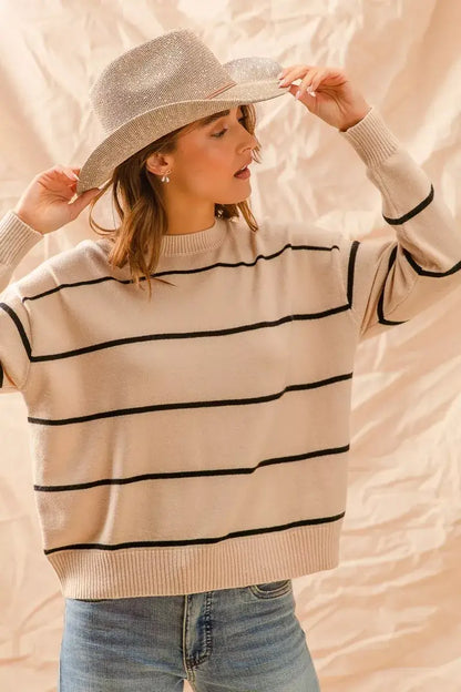 SO ME Stripe Crew Neck Basic Essential Sweater