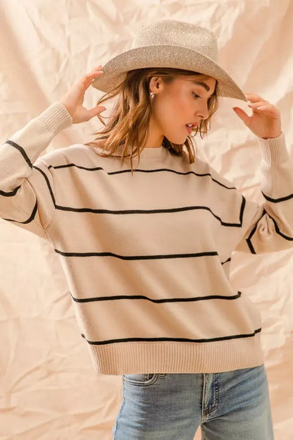 SO ME Stripe Crew Neck Basic Essential Sweater