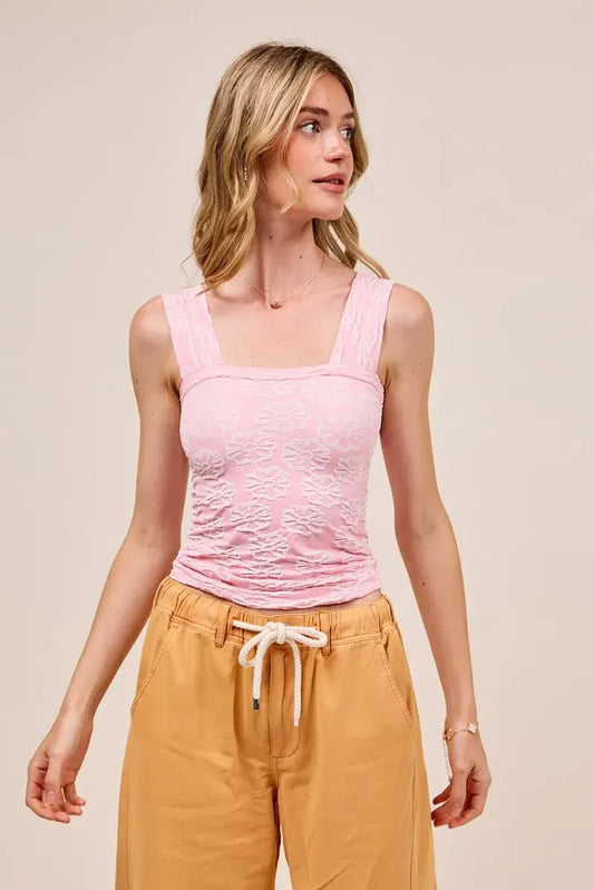 Light pink square-neck tank top with textured floral detailing from SO ME Two Tone Floral Seamless Tank Top