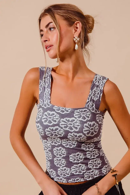 SO ME Two Tone Floral Seamless Tank Top - Tank Top