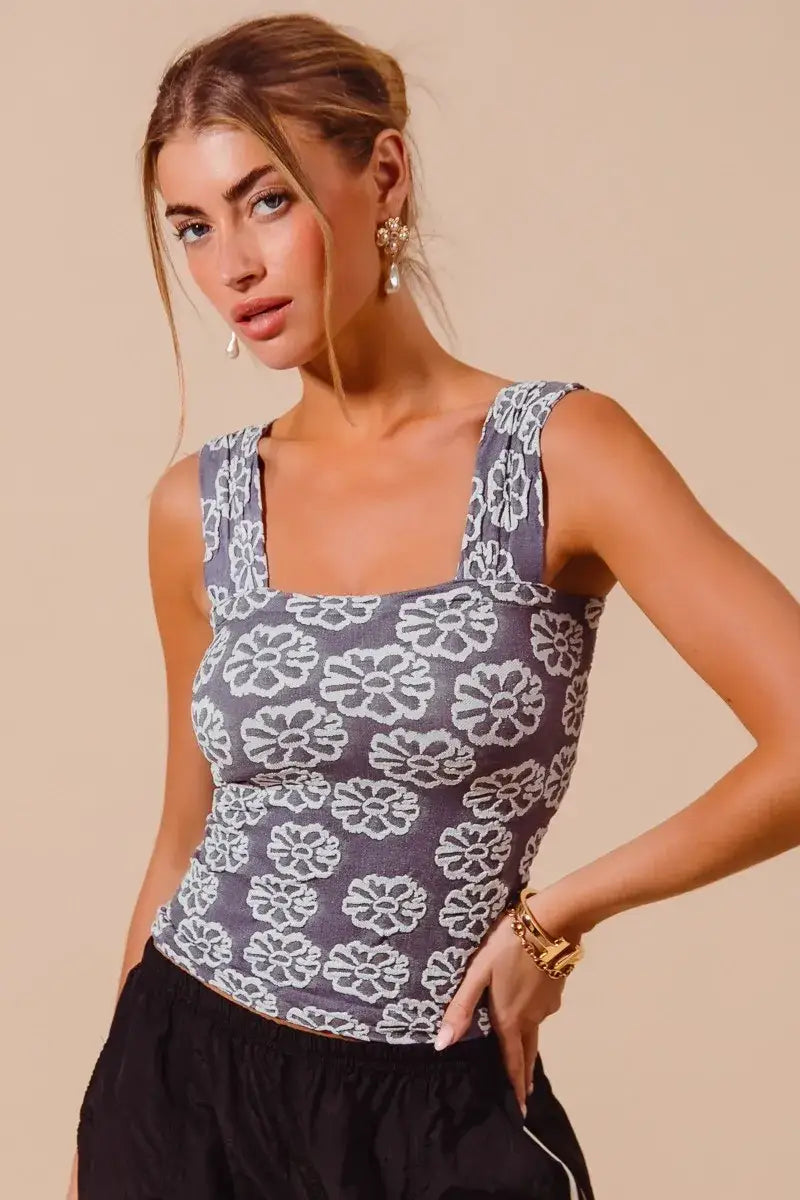 SO ME Two Tone Floral Seamless Tank Top - CHARCOAL BLUE / S - Tank Top