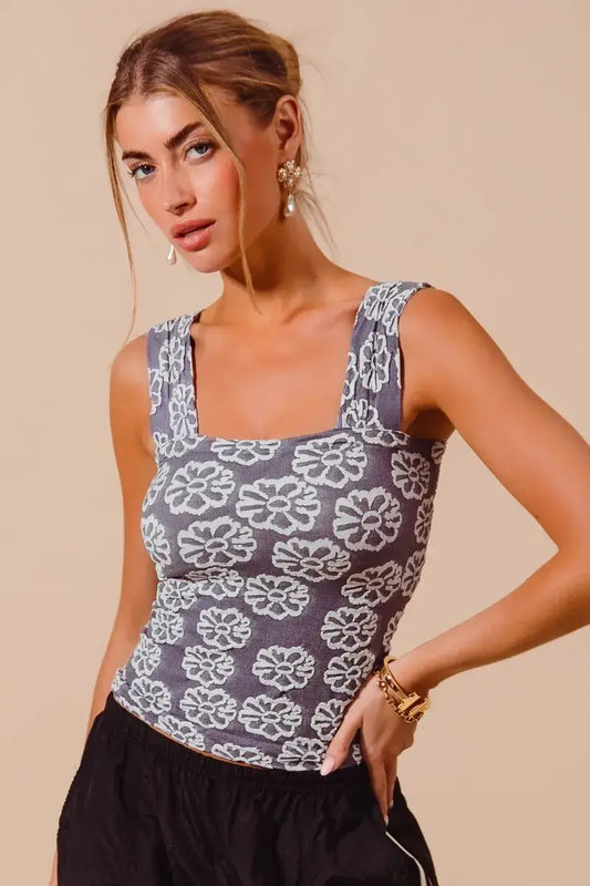 SO ME Two Tone Floral Seamless Tank Top - CHARCOAL BLUE / S - Tank Top
