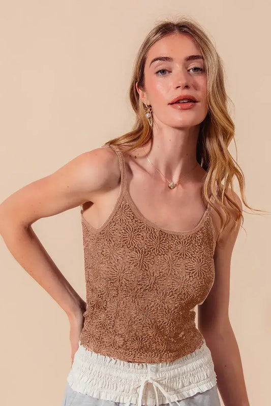 SO ME Two Tone Floral Seamless Tank Top - COFFEE / S - Floral Seamless Tank Top