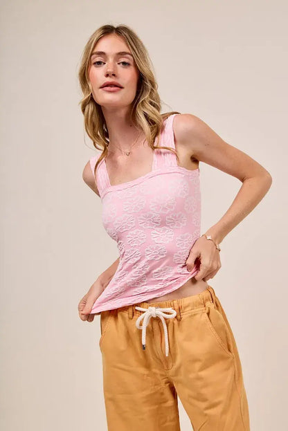 Pink floral patterned square neck tank top with wide shoulder straps from SO ME Two Tone Floral Seamless Tank Top