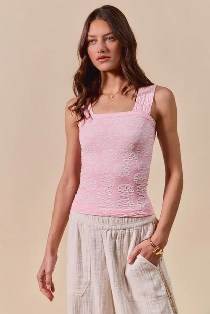 Pink SO ME Two Tone Floral Seamless Tank Top with square neckline and subtle floral pattern