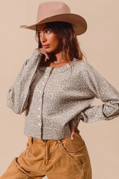 SO ME Two Tone Leopard Vintage Print Button Up Cardigan - Vintage Print Button Up Cardigan