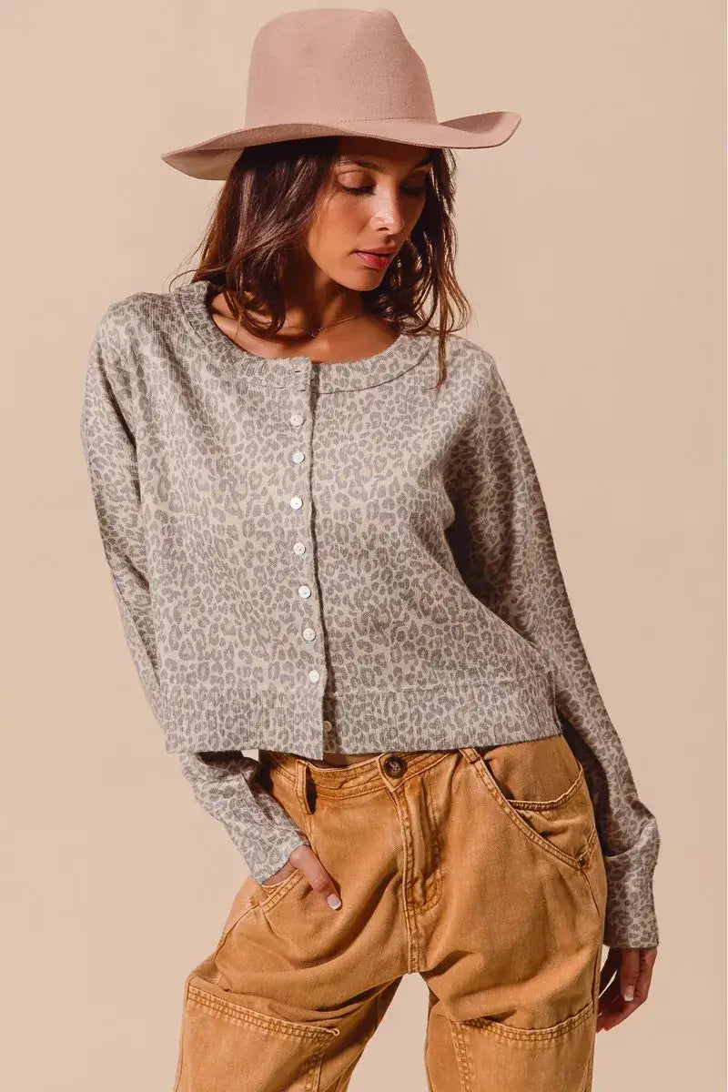 SO ME Two Tone Leopard Vintage Print Button Up Cardigan - Vintage Print Button Up Cardigan