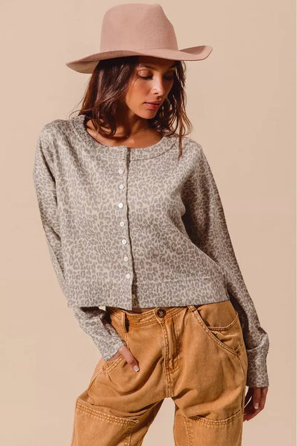 SO ME Two Tone Leopard Vintage Print Button Up Cardigan - Vintage Print Button Up Cardigan