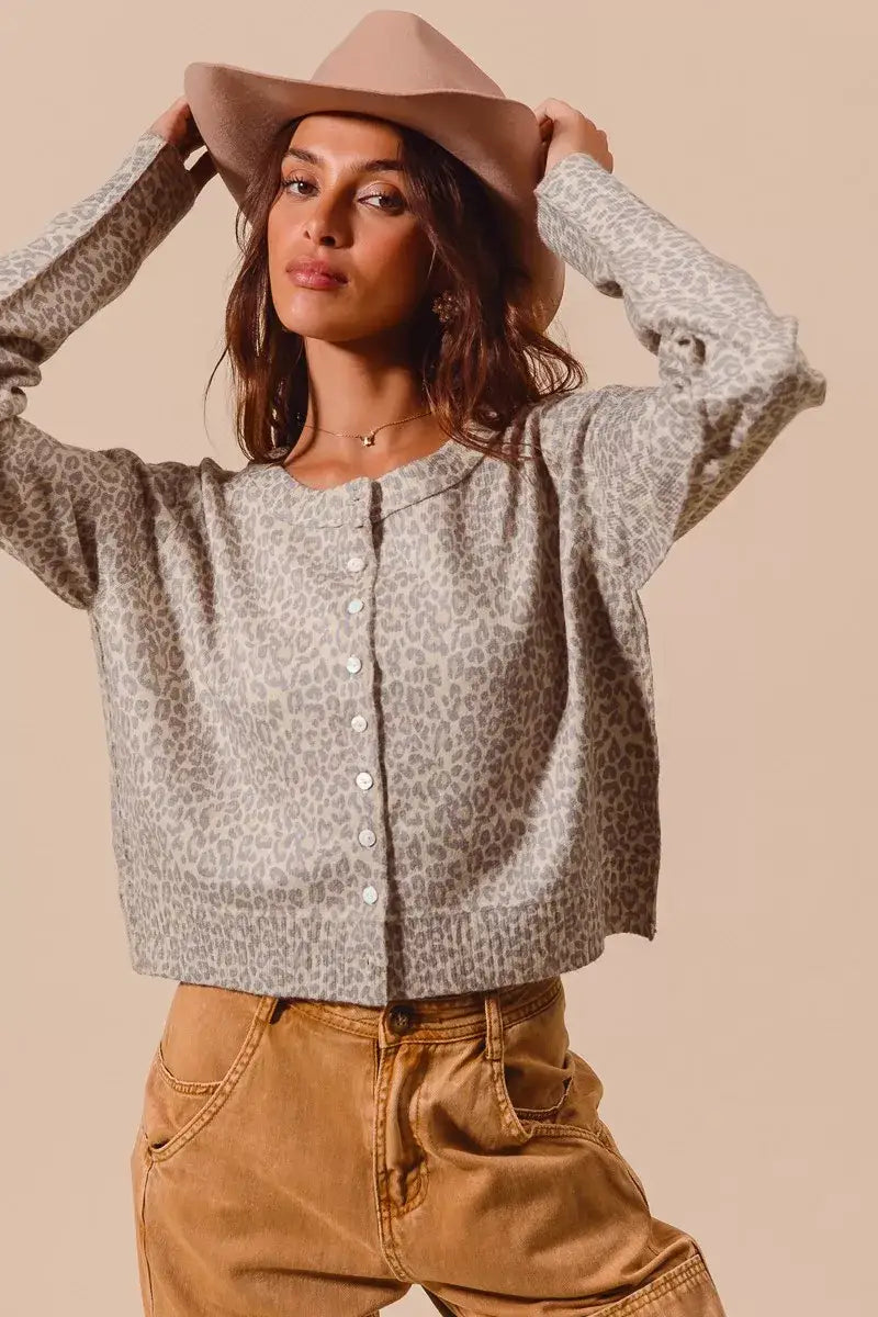 SO ME Two Tone Leopard Vintage Print Button Up Cardigan - Vintage Print Button Up Cardigan
