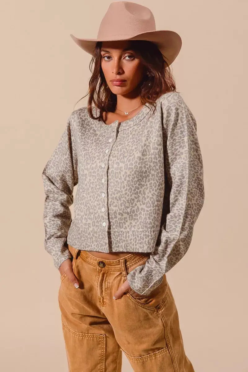 SO ME Two Tone Leopard Vintage Print Button Up Cardigan - Vintage Print Button Up Cardigan