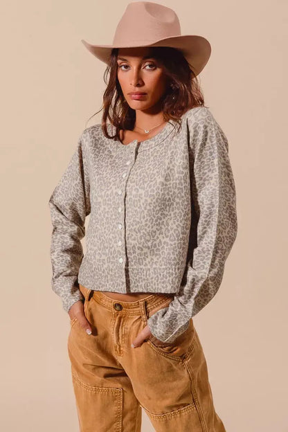 SO ME Two Tone Leopard Vintage Print Button Up Cardigan - Vintage Print Button Up Cardigan