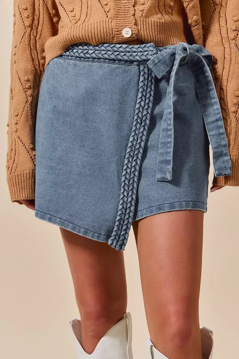 SO ME Wrap Braided Trimmed Denim Skort - Denim Skort