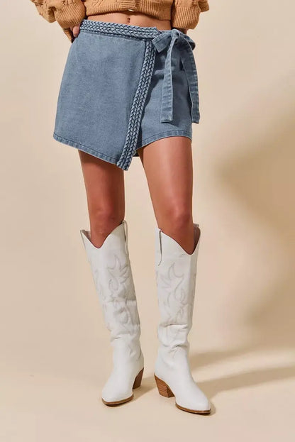 SO ME Wrap Braided Trimmed Denim Skort - Denim Skort
