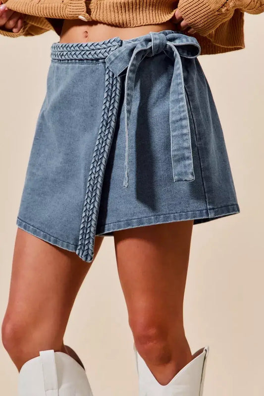 SO ME Wrap Braided Trimmed Denim Skort - BLUE / S - Denim Skort