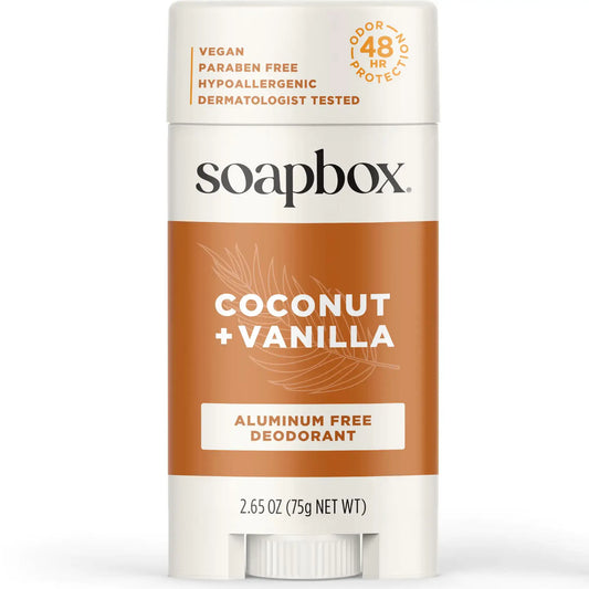 Soapbox Coconut and Vanilla deodorant with natural ingredients, aluminum free, 2.65oz