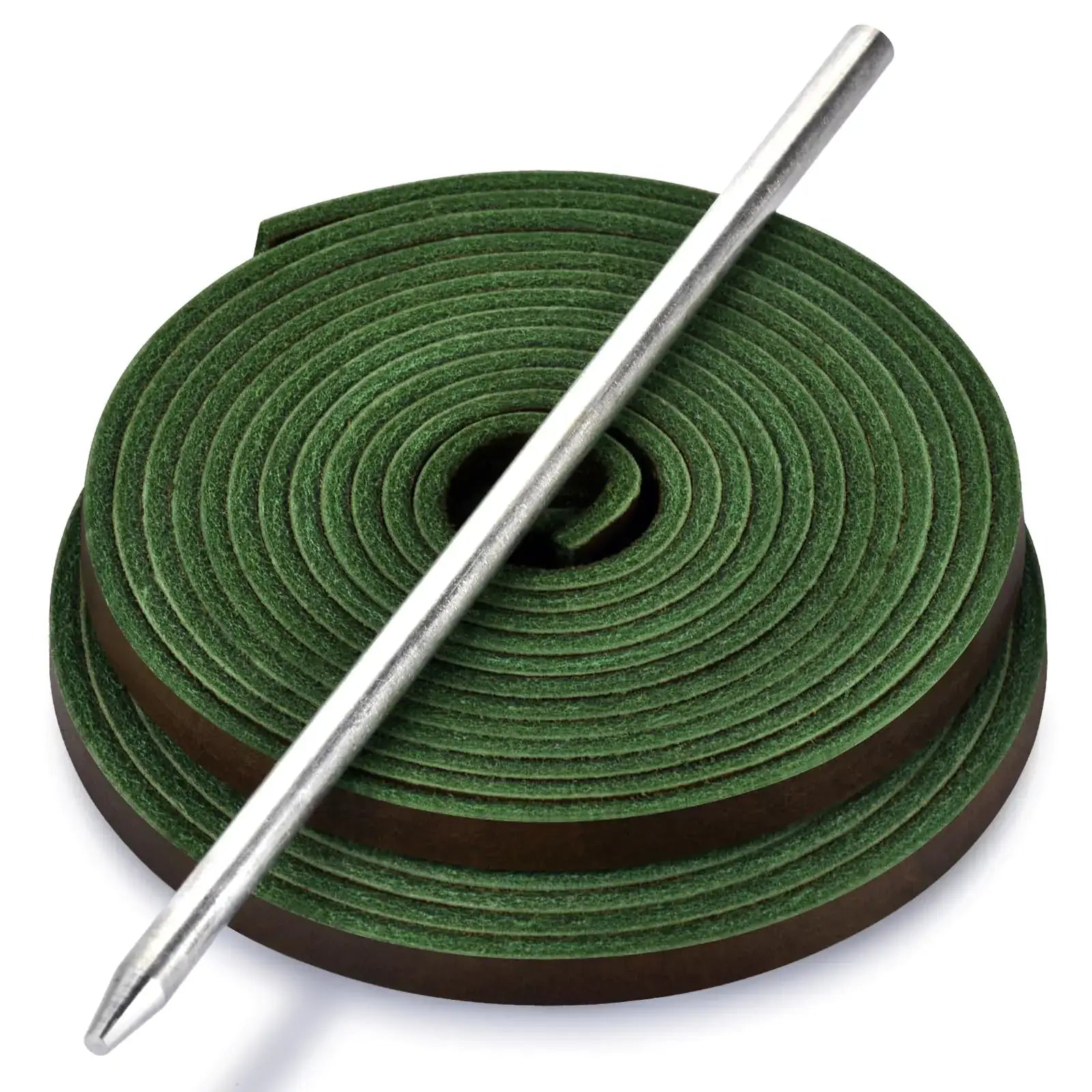 Coiled green leather glove lace with metal awl for baseball glove lacing repair