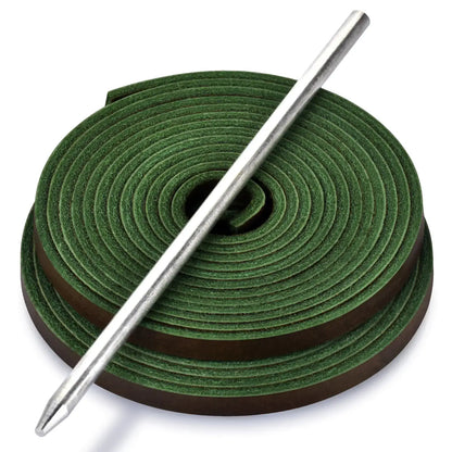 Coiled green leather glove lace with metal awl for baseball glove lacing repair
