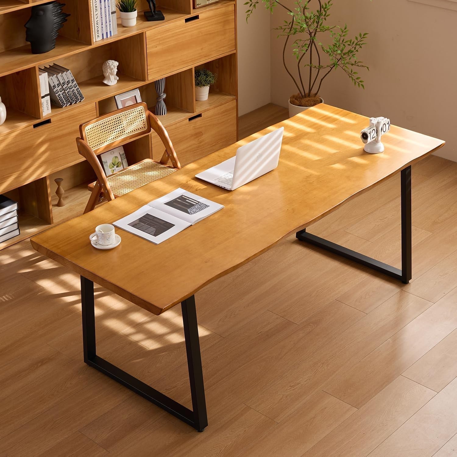 Solid Wood Administrative Computer Desk - Rustic Style Large Office Desk, Modern Minimalist Workstation for Home, Ideal for Learning, Writing, and Professional Use (Dark Yellow, 78.74In)-2