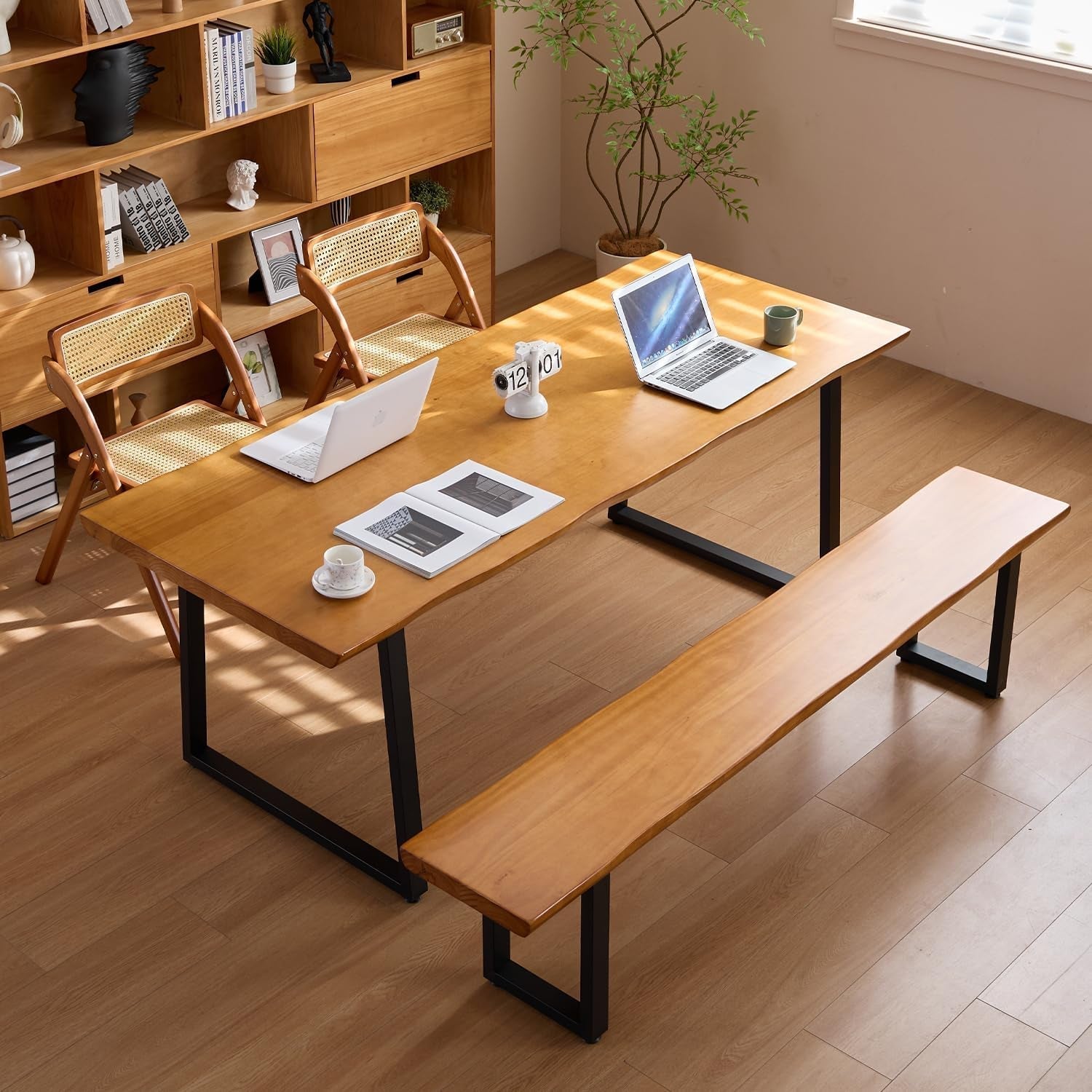 Solid Wood Administrative Computer Desk - Rustic Style Large Office Desk, Modern Minimalist Workstation for Home, Ideal for Learning, Writing, and Professional Use (Dark Yellow, 78.74In)-0