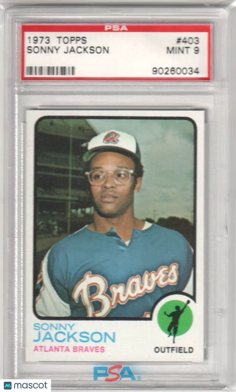 Graded Sonny Jackson baseball card from 1973 Topps #403 PSA 9 MINT, collectible by Columbia Hobby