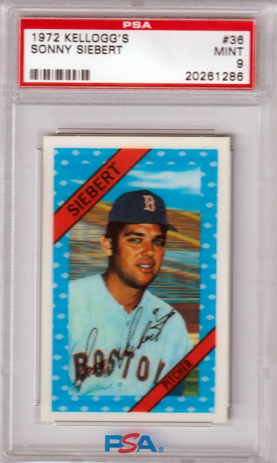 Columbia Hobby Sonny Siebert 1972 Kellogg’s baseball card PSA 9 for Boston Red Sox