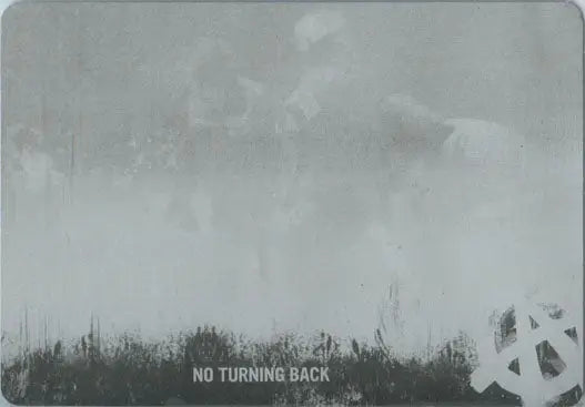 Grayscale landscape photo with NO TURNING BACK text on Sons of Anarchy printing plate