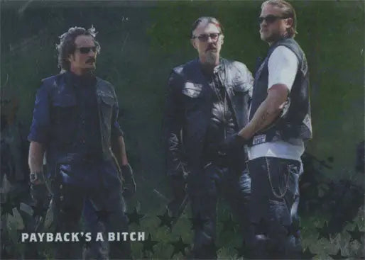 Three men outdoors in casual wear on Sons of Anarchy Seasons 6 & 7 trading cards