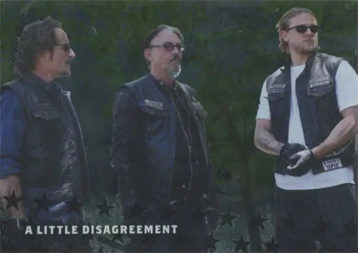 Three men in leather vests outdoors featured on Sons of Anarchy trading cards