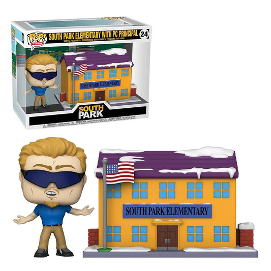 Funko Pop figure with sunglasses next to South Park Elementary model in Funko Pop! Town