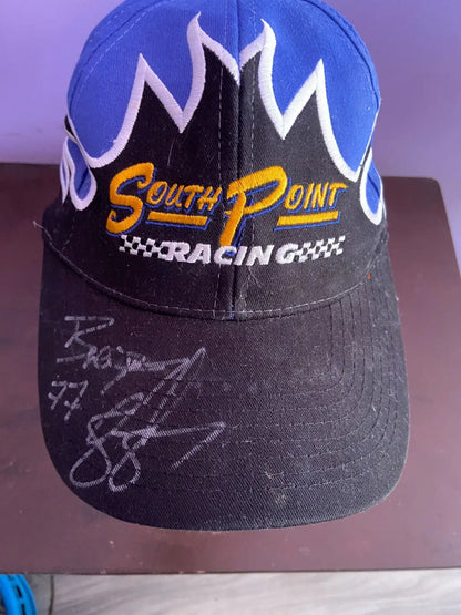 Black and blue flame racing hat signed by Brendan Gaughan NASCAR with embroidered text