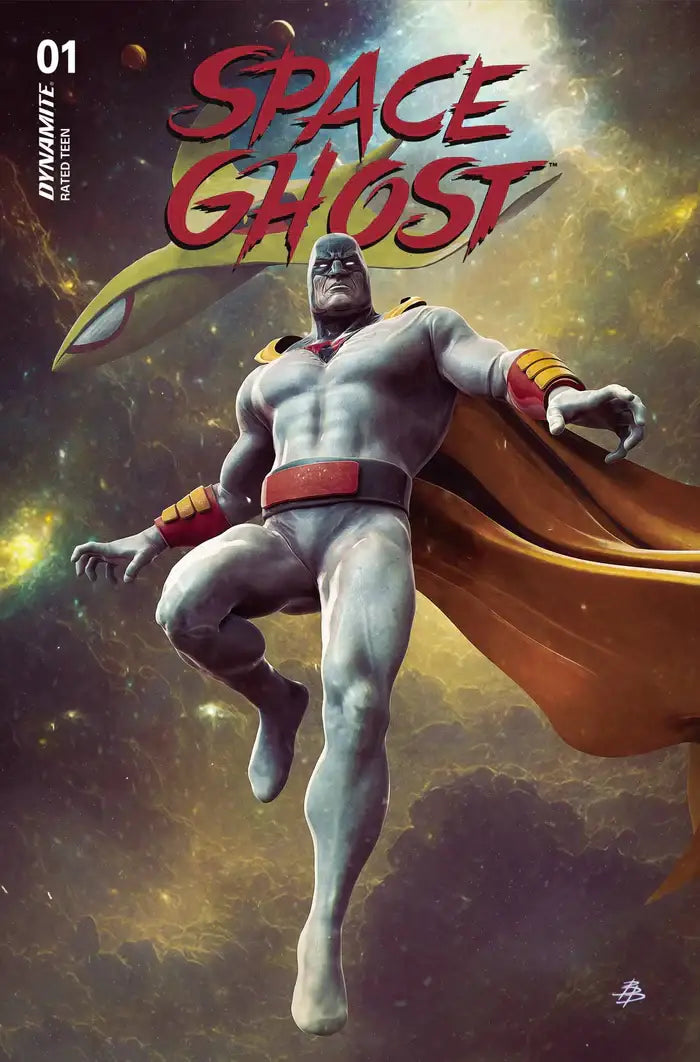 Muscular superhero in gray and red costume soars through space in SPACE GHOST trading card